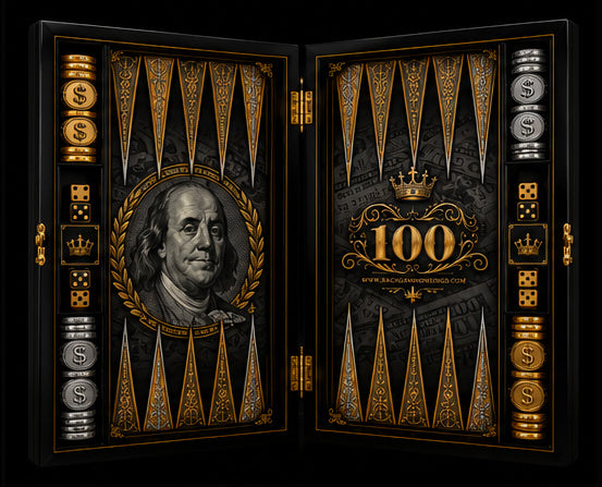 Open luxury black and gold $100 themed backgammon board, front view