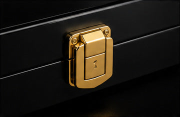 Gold latch detail on black luxury backgammon case