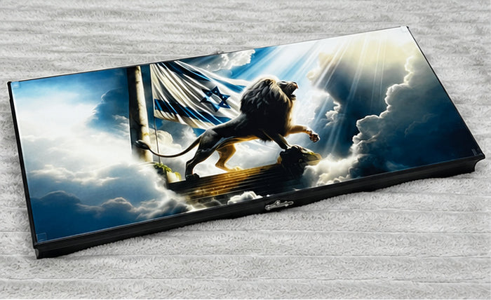 Lion of Israel luxury backgammon set shown closed at an angle