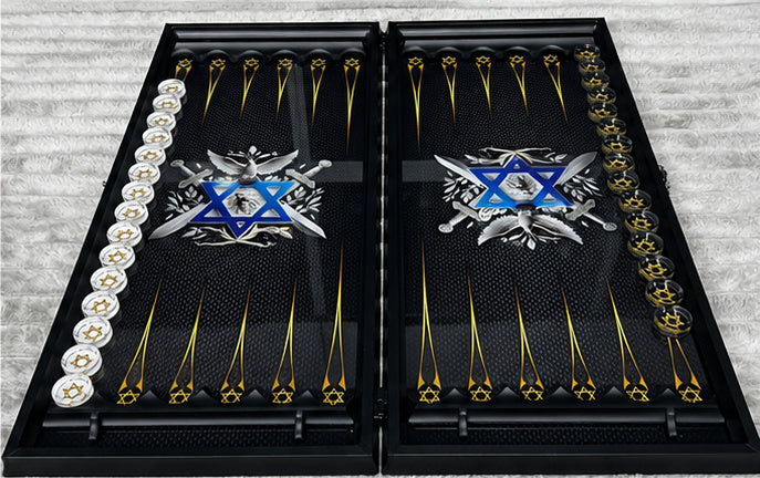 Lion of Israel luxury backgammon set fully open