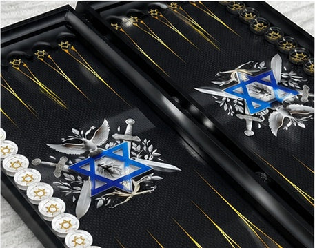 Detailed angled view of the open backgammon board and playing pieces