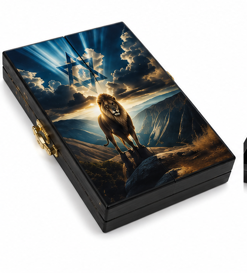 Closed luxury backgammon case shown at an angle with lion and Star of David artwork
