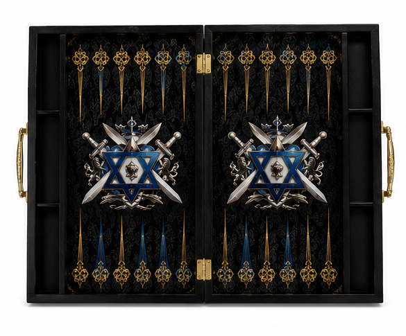 Open luxury backgammon board interior with black blue and gold design