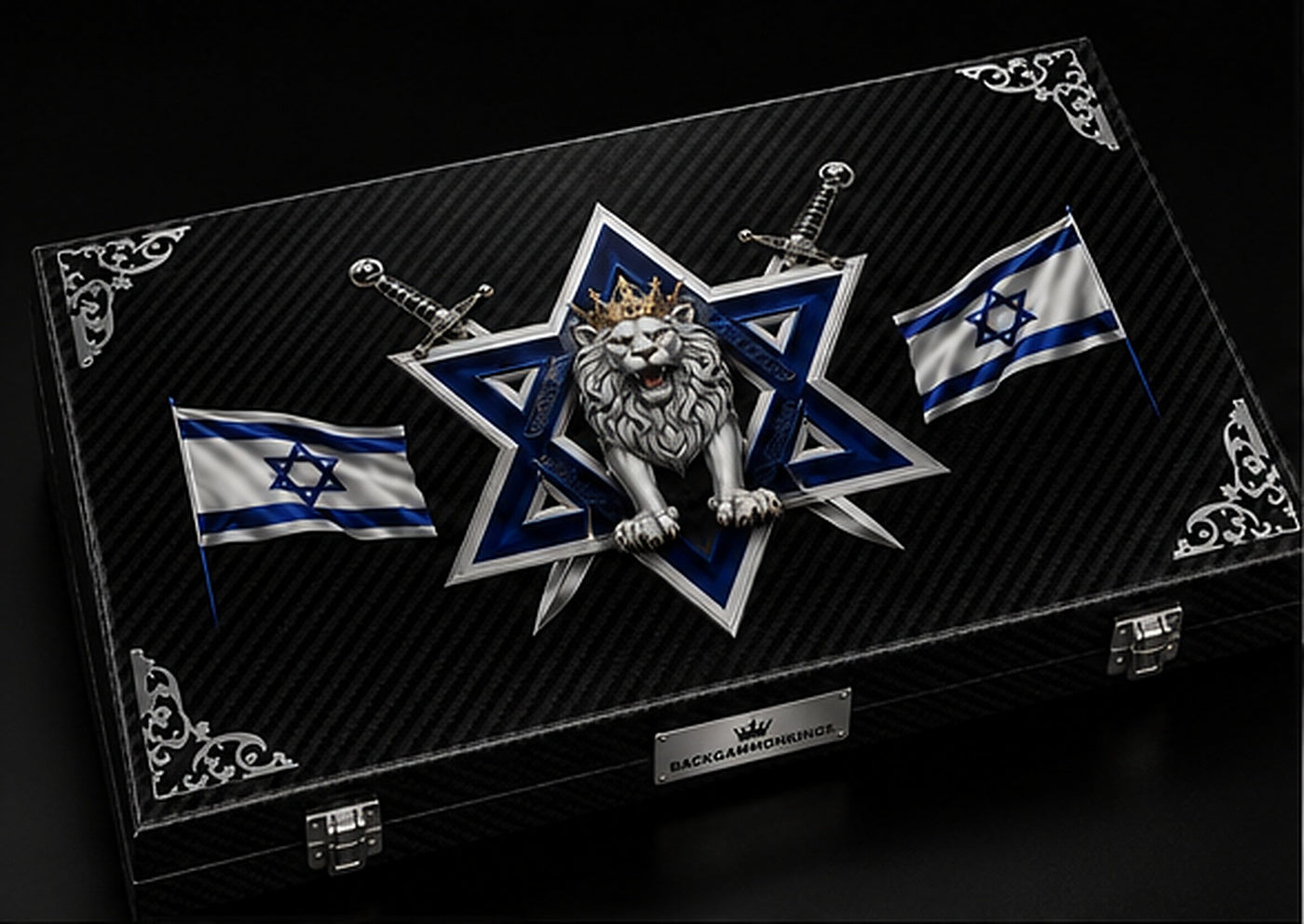 Lion of Zion Carbon Elite backgammon set in closed carrying case