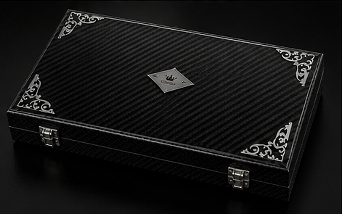 Reverse view of the closed carbon-fiber backgammon case