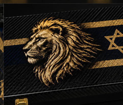 Close-up of the gold lion and Star of David case artwork