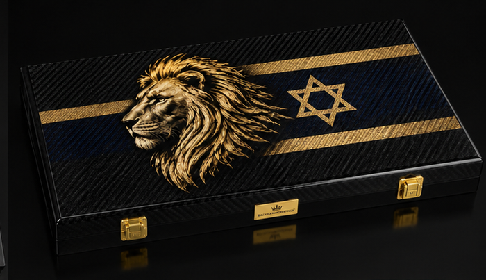 Lion of Zion backgammon set closed case with gold lion and Star of David design