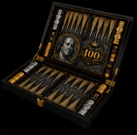 Open black and gold $100 themed backgammon board, angled view