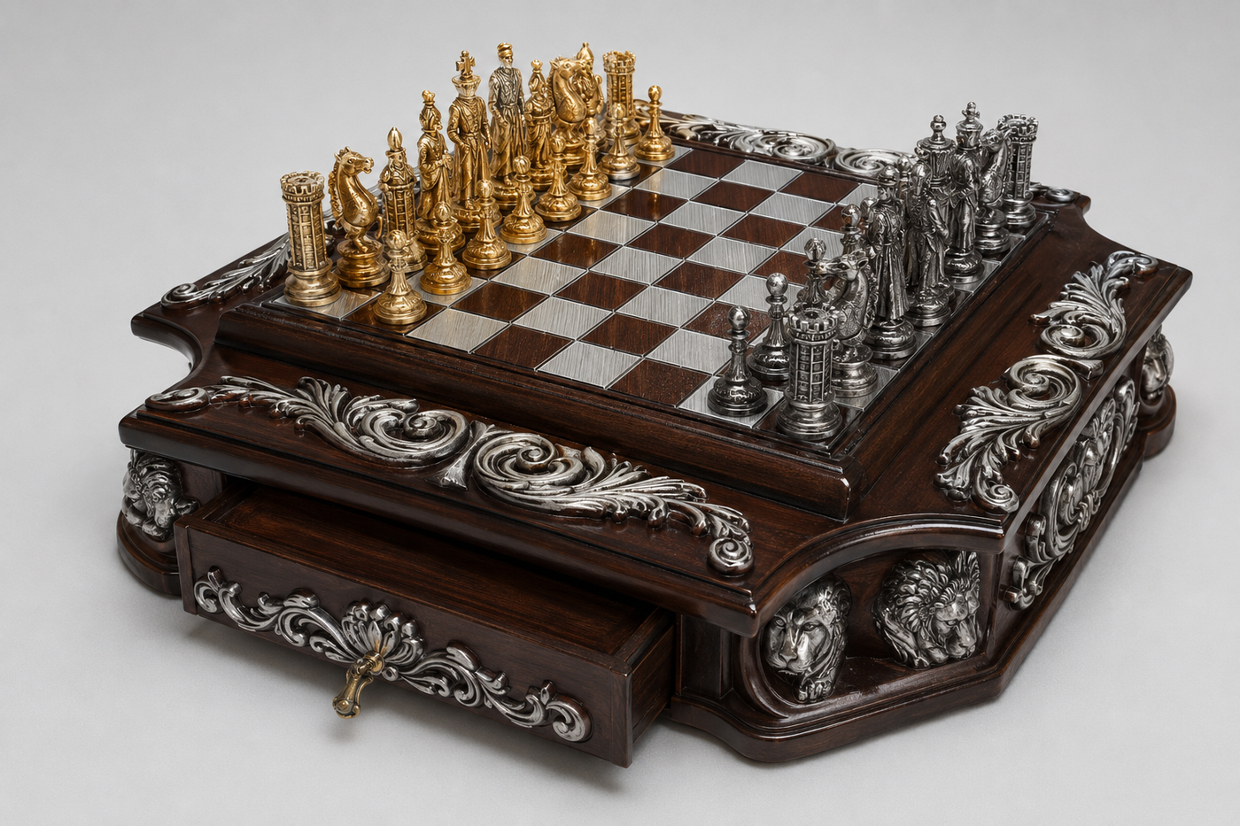 Imperial Lion luxury chess set gold and gunmetal pieces detail