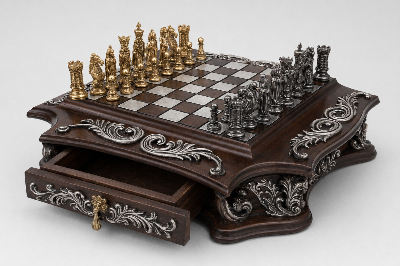 Imperial Lion luxury chess set with storage drawer open