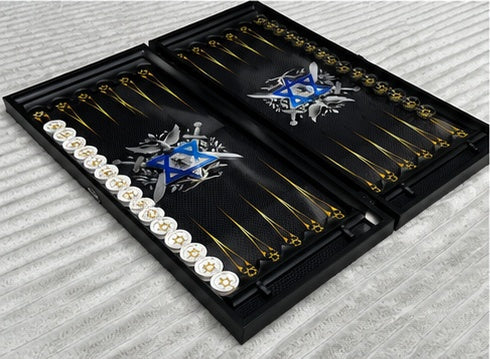 Angled view of the open Lion of Israel backgammon board