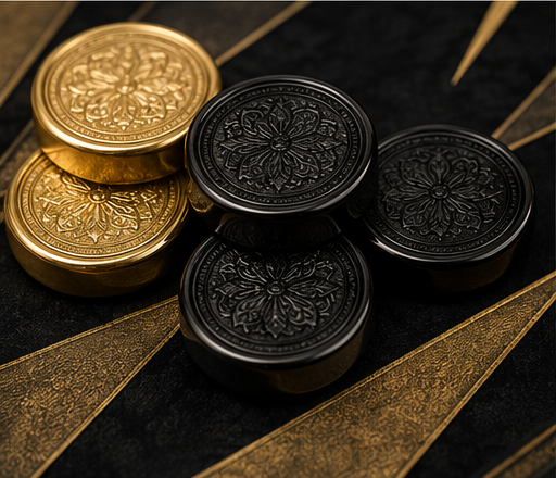 Close-up of ornate gold and black backgammon checkers