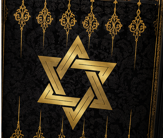 Close-up of the gold Star of David emblem and ornamental interior pattern