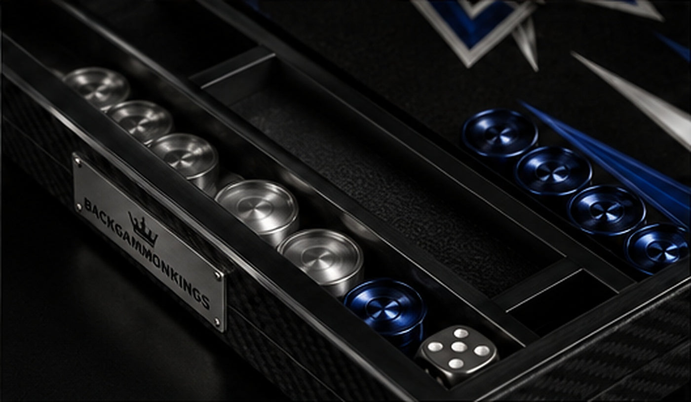 Silver and blue backgammon checkers and dice detail