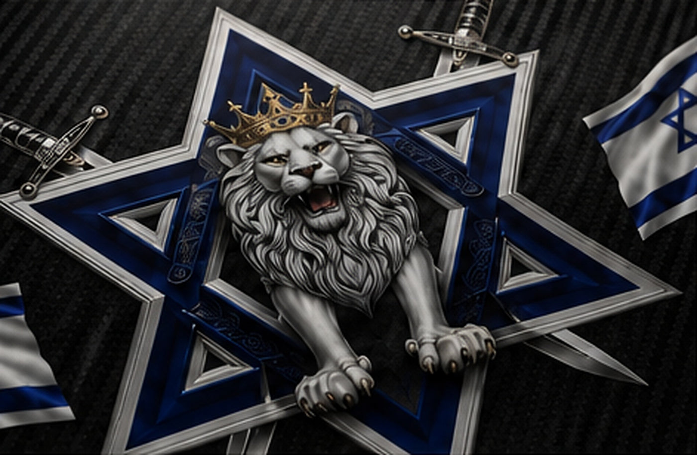 Close-up of the crowned lion and Star of David artwork