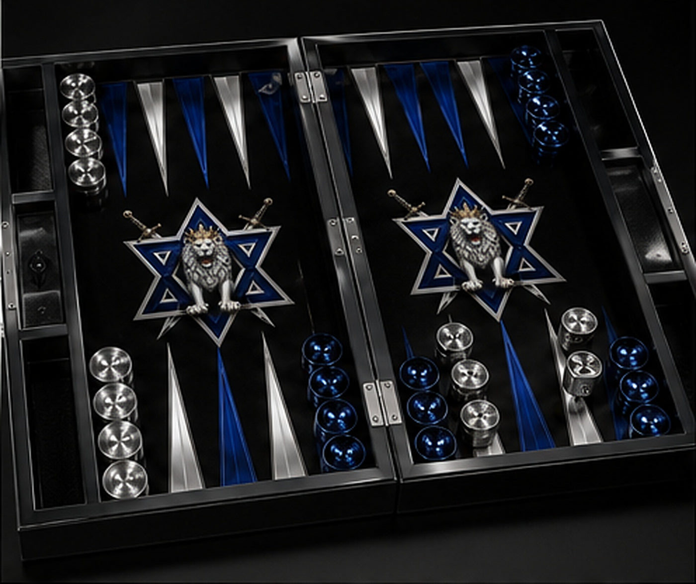 Lion of Zion Carbon Elite backgammon board open at an angle