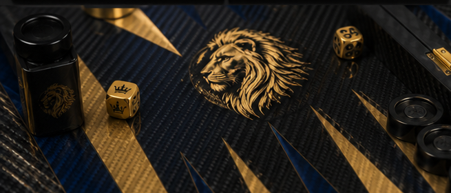 Close-up of gold lion artwork on the Lion of Zion backgammon board