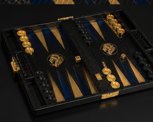 Angled view of the open Lion of Zion backgammon board