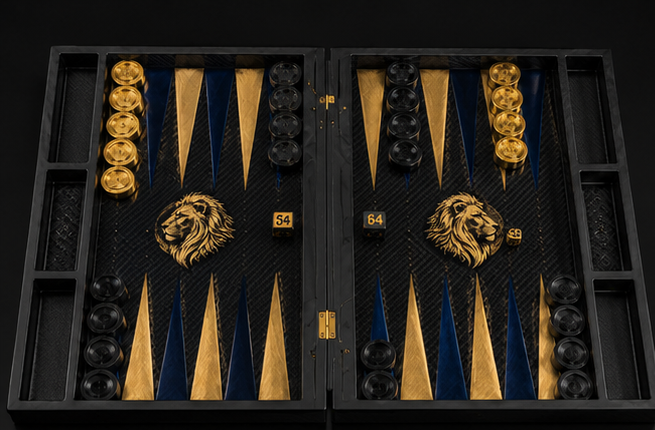 Lion of Zion backgammon board open top view in black, navy, and gold