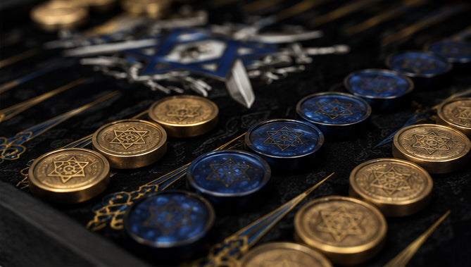 Close-up of blue and gold checkers on the Lion of Judah Heritage Backgammon Board