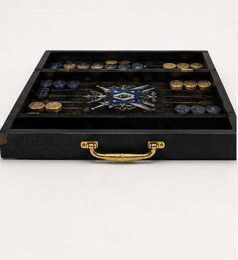 Front angled view of the open Lion of Judah Heritage Backgammon Board and playing pieces