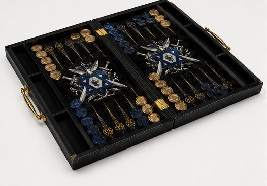 Lion of Judah Heritage Backgammon Board open at an angled view with pieces