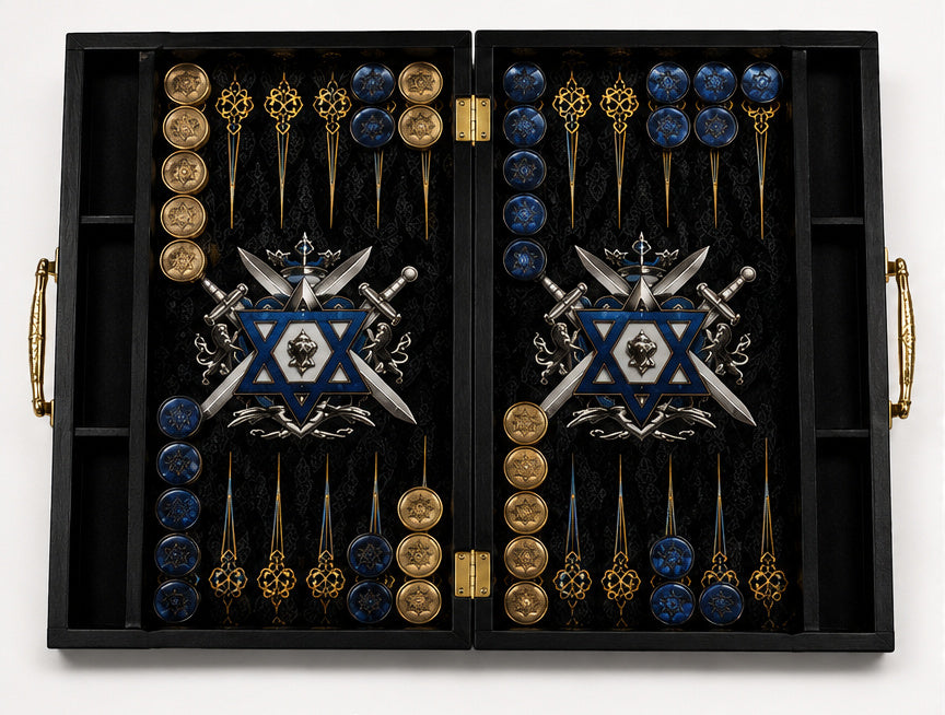 Lion of Judah Heritage Backgammon Board open top view with blue and gold playing pieces