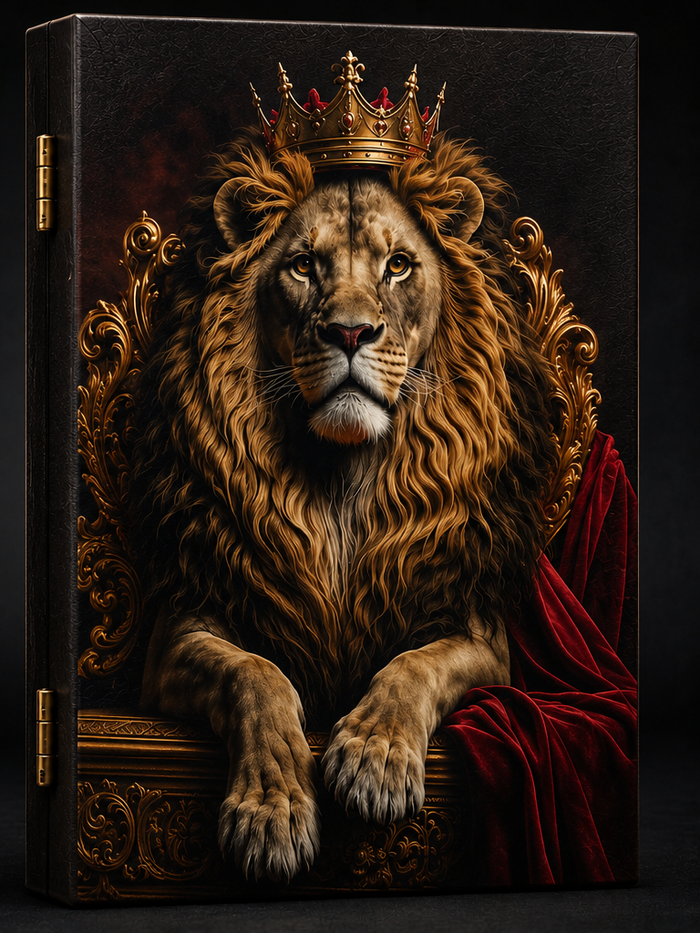Closed luxury backgammon board featuring a crowned lion on a black and gold cover
