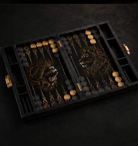 Angled view of the open royal lion backgammon board with black and gold pieces