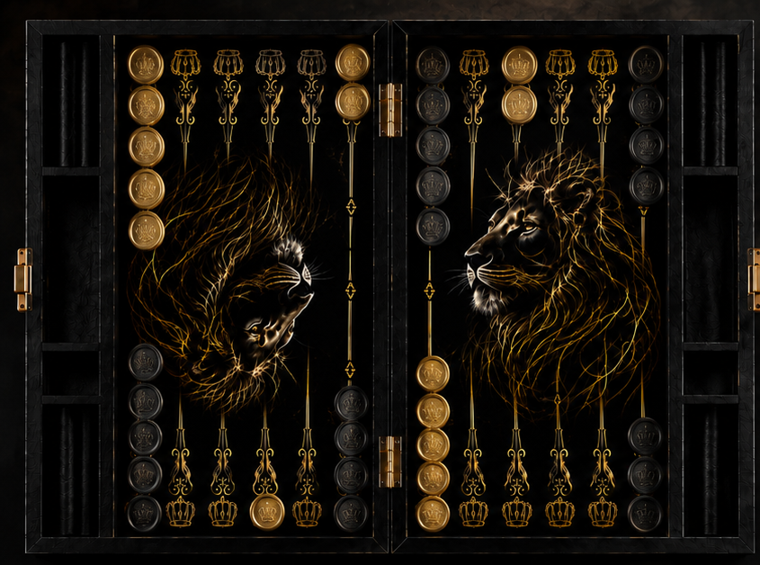 Top view of the open royal lion backgammon board with black and gold playing pieces